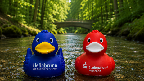 Zwei Rennenten schwimmen anlässlich des 115-jährigen Jubiläums von Hellabrunn auf dem Auer Mühlbach (KI-generierte Simulation)